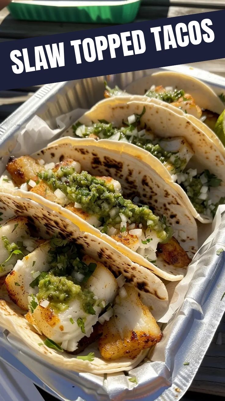 Three crispy Baja style fish tacos with white sauce and cabbage on a wooden board.