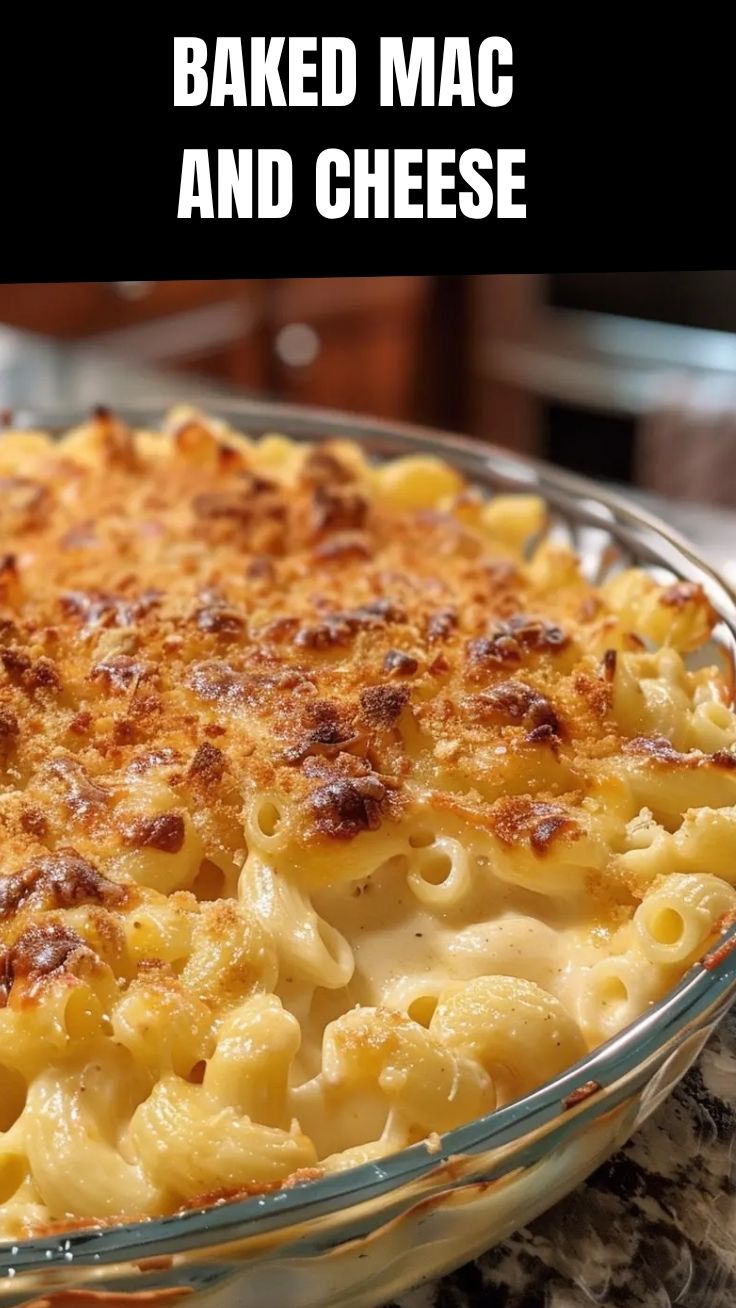 A golden-brown dish of baked mac and cheese, fresh from the oven.