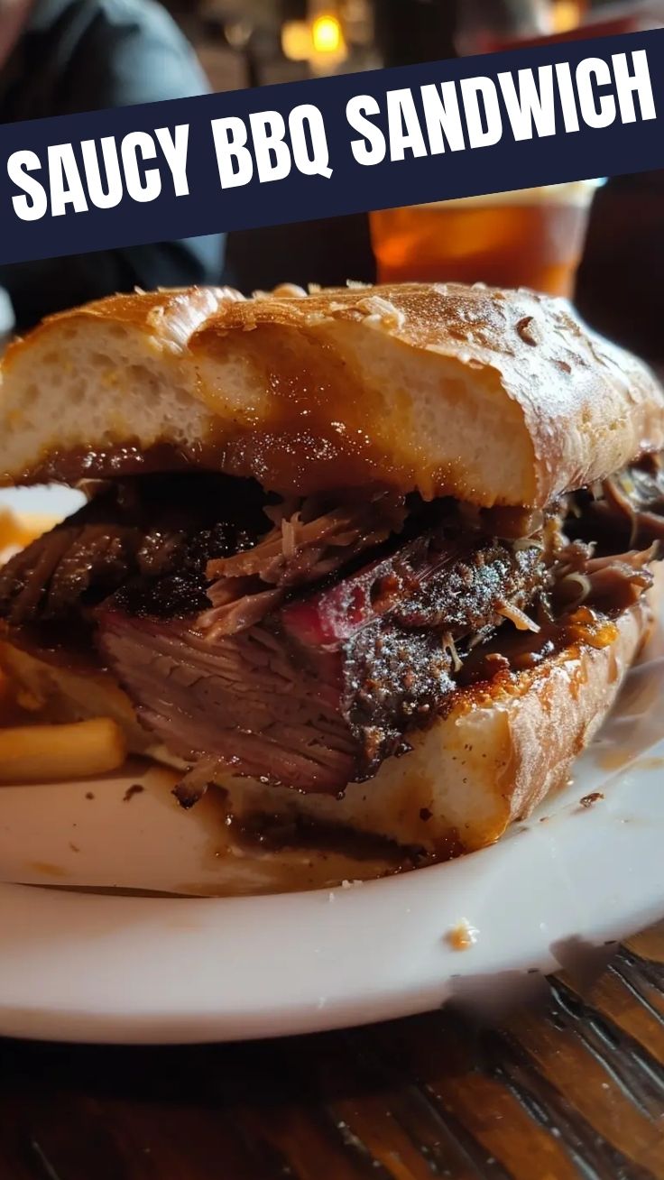 A deliciously messy BBQ brisket sandwich with tender meat and sauce.