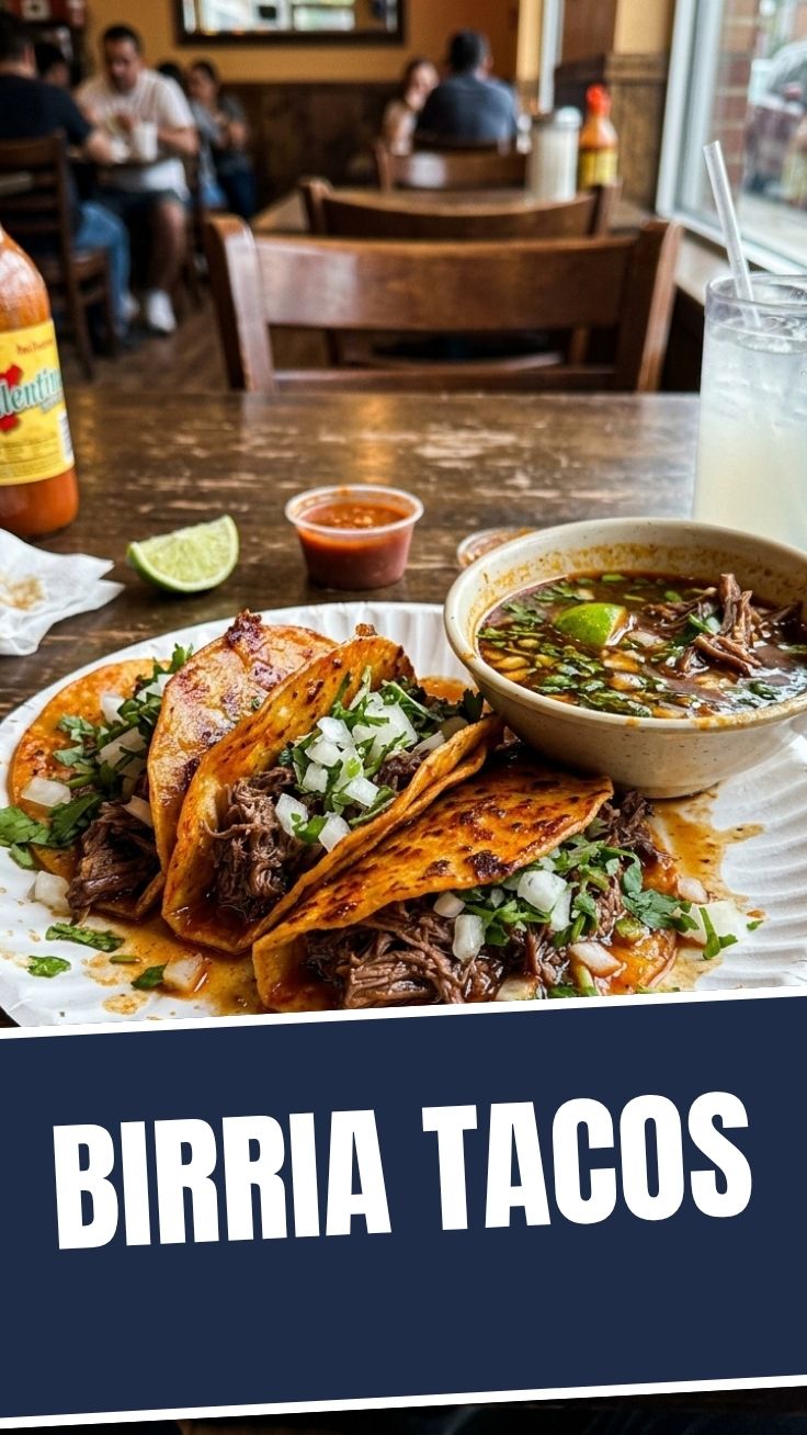 Close-up of three birria tacos with consome and cilantro