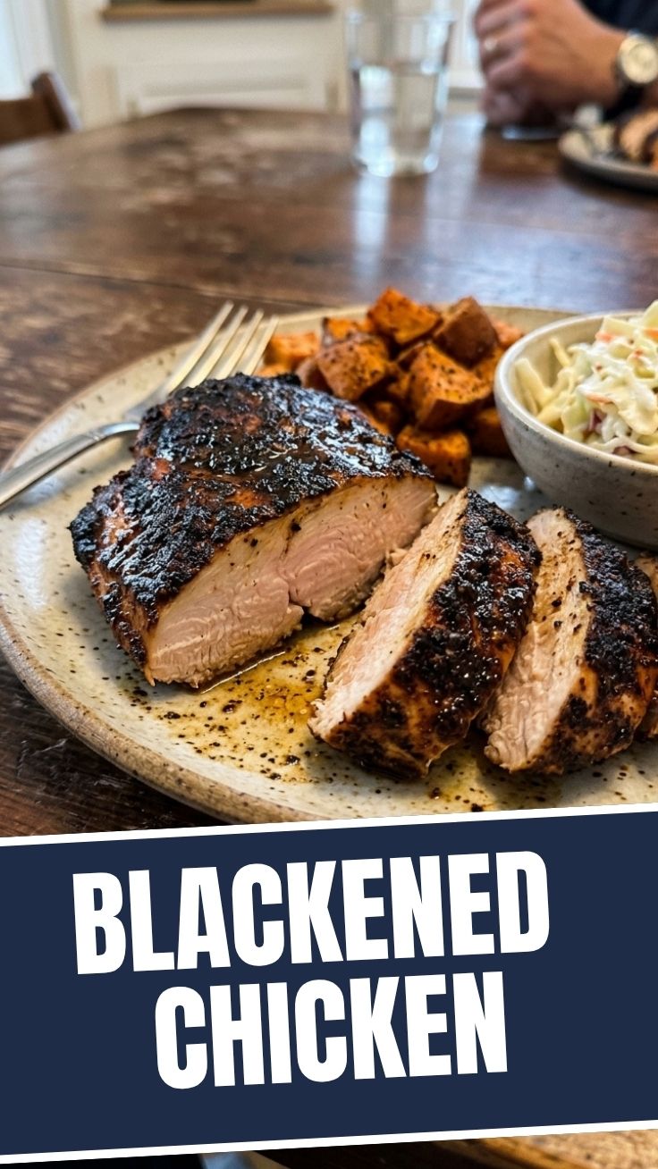 A serving of perfectly cooked blackened chicken with a dark, flavorful crust.