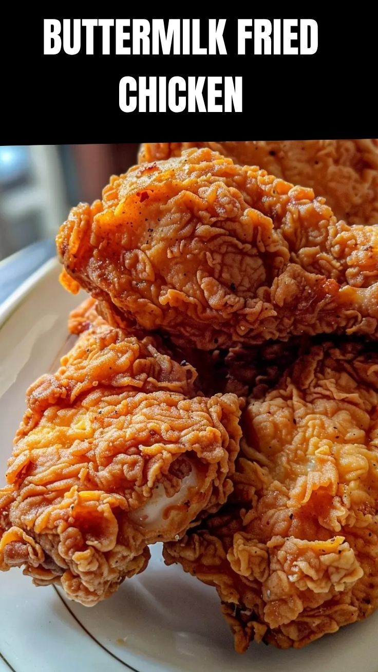 Golden-brown crispy buttermilk fried chicken pieces on a serving platter.