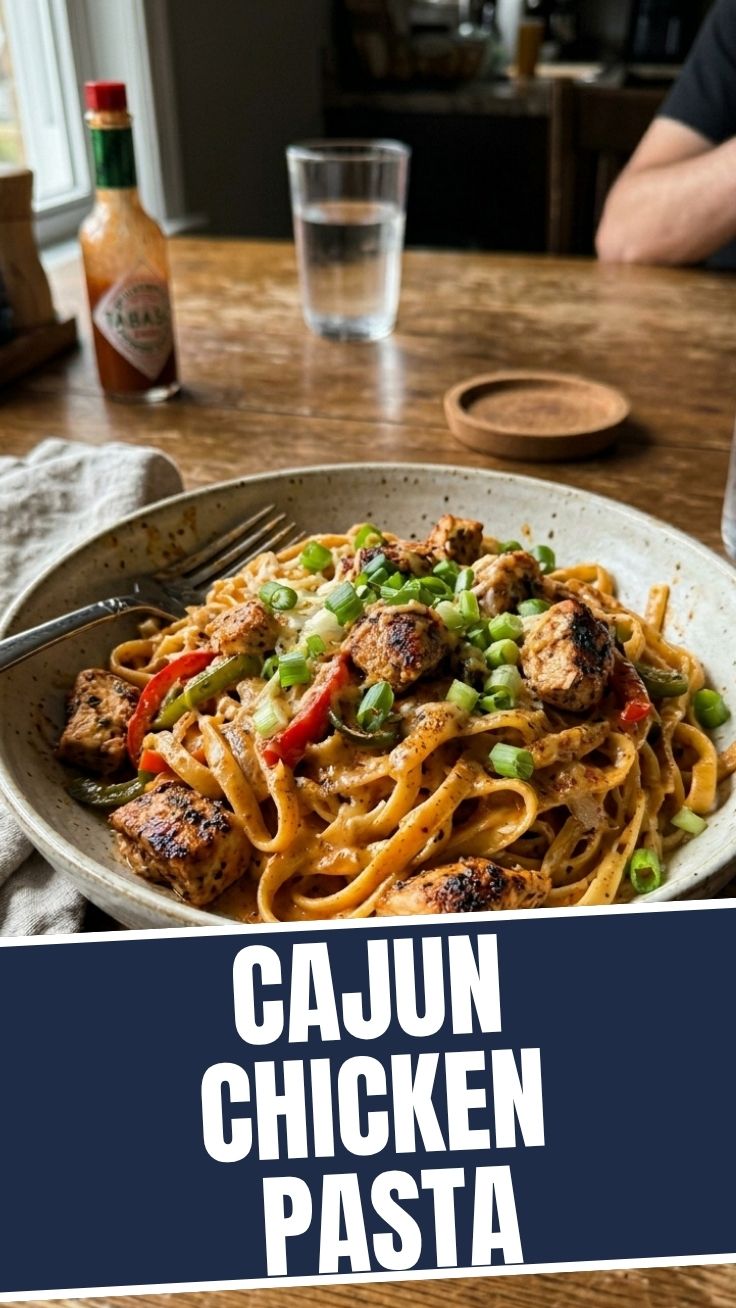 A close-up shot of a creamy Cajun chicken pasta dish, garnished with fresh herbs.