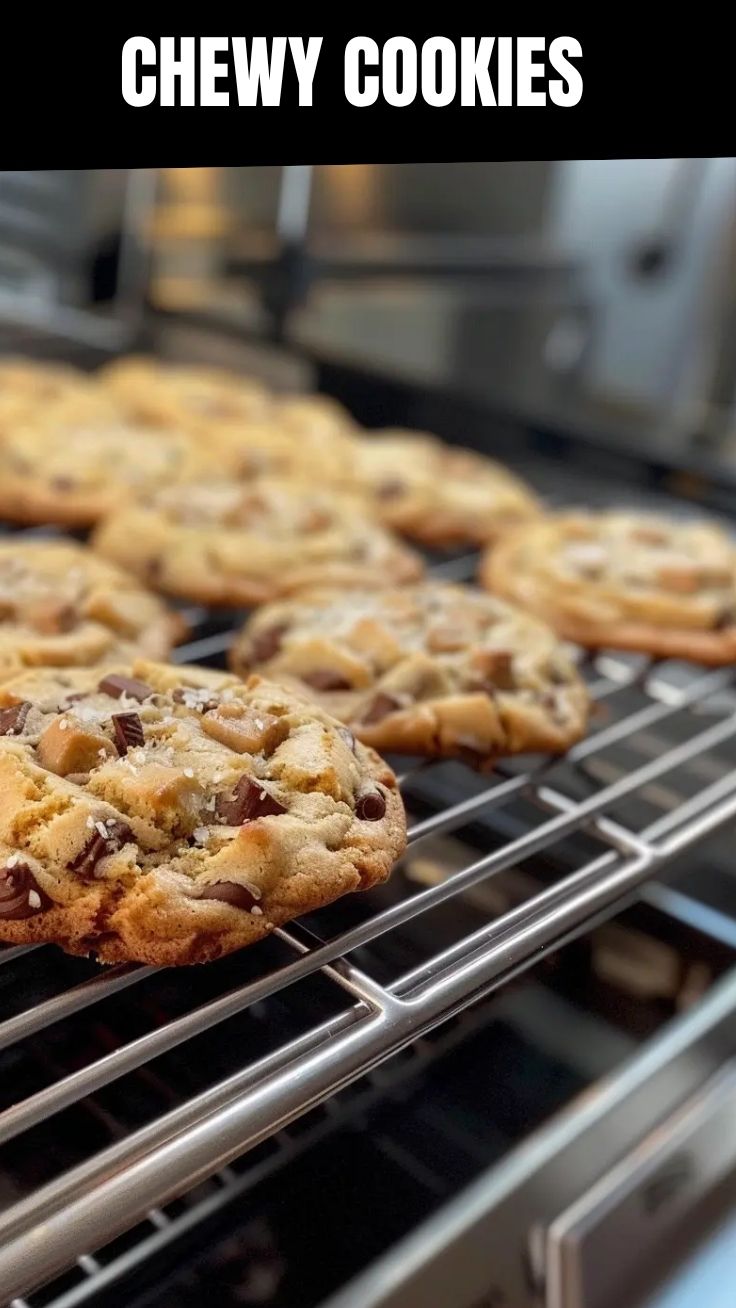 A close-up of freshly baked chewy cookies with a soft center
