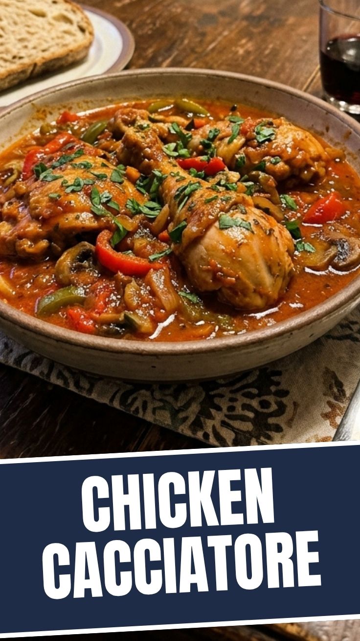 A serving of delicious chicken cacciatore with rich sauce