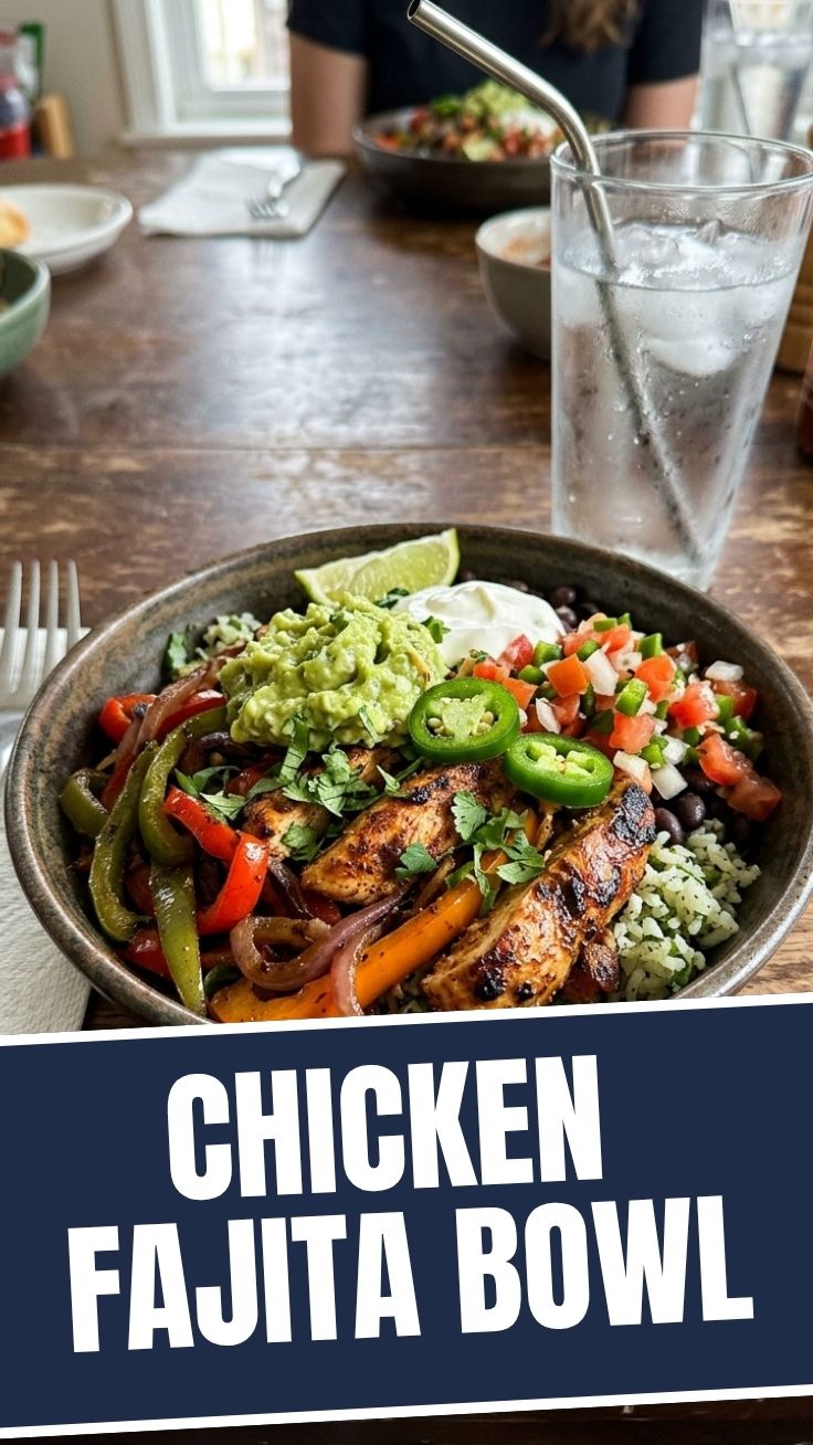 A vibrant chicken fajita bowl filled with grilled chicken, peppers, and onions.