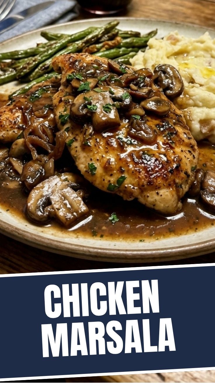 A serving of professionally prepared Chicken Marsala with mushrooms