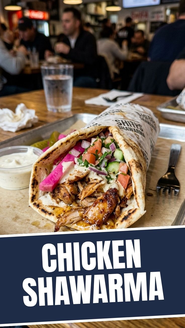 A close-up of a chicken shawarma plate with thinly sliced chicken, pickles, and sauce.