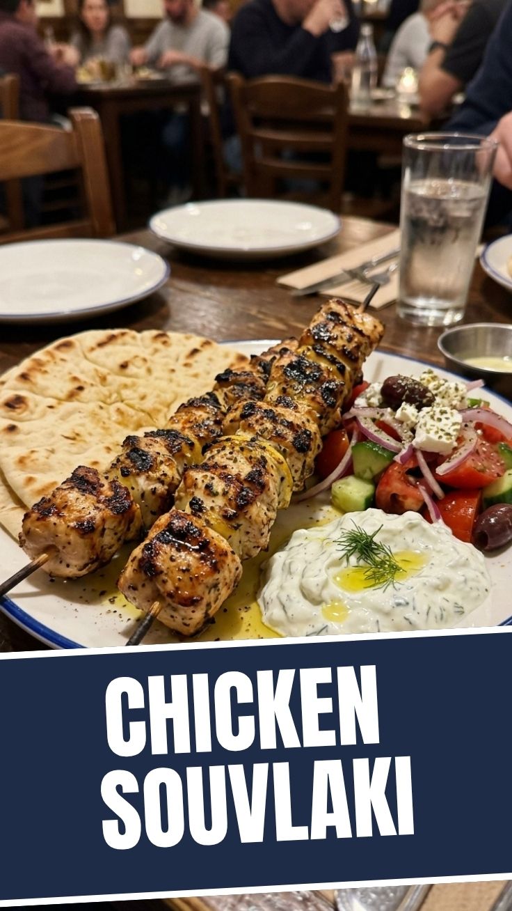 Grilled chicken souvlaki skewers, perfectly charred