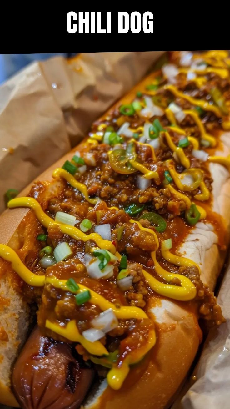 A loaded chili dog with a generous topping of chili and cheese.