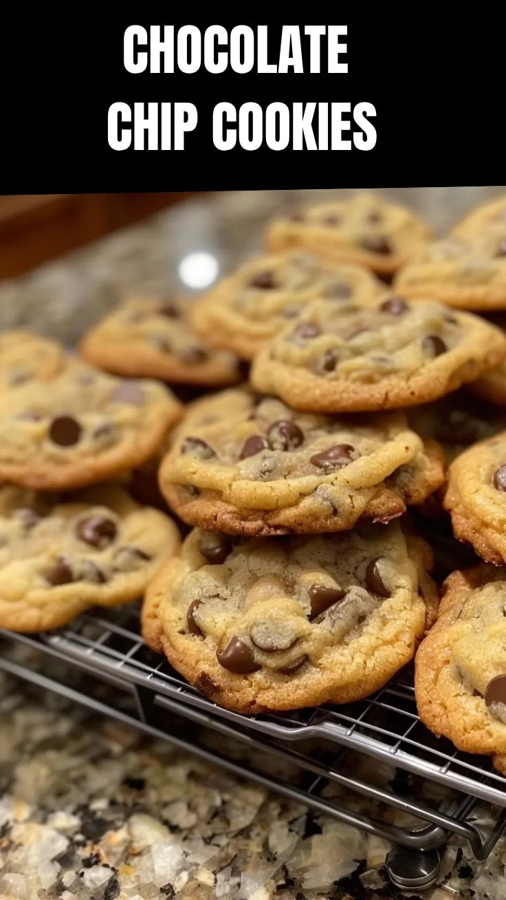 Freshly baked chocolate chip cookies stacked on a cooling rack.