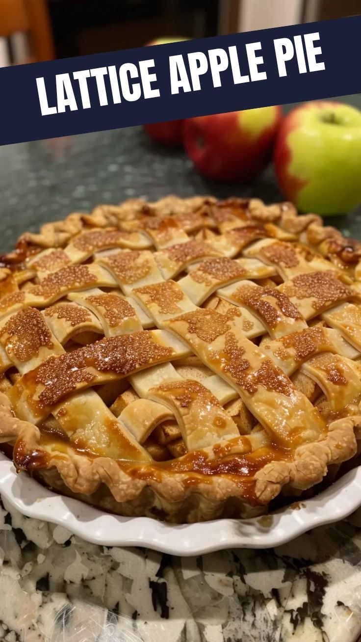 A freshly baked classic apple pie with a lattice crust on a cooling rack.