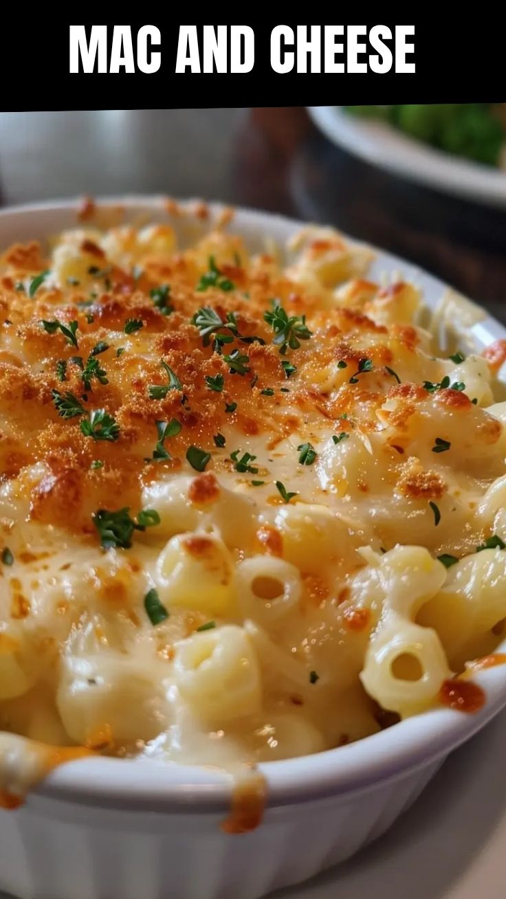 A close-up of creamy mac and cheese in a golden-brown casserole dish
