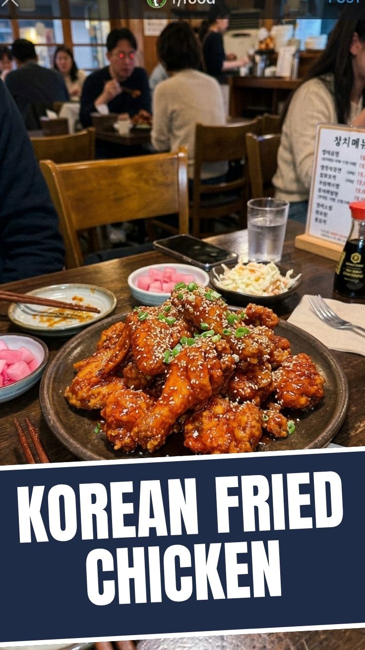 Crispy Korean fried chicken, glazed and garnished, ready to serve