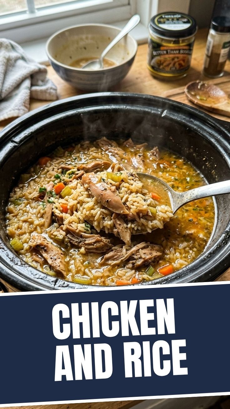 A hearty serving of crockpot chicken and rice in a bowl.