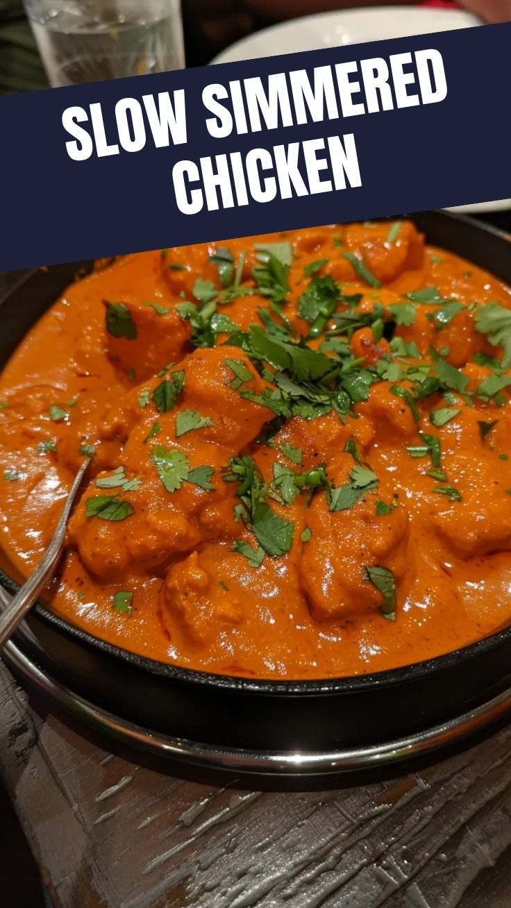 A bowl of rich and creamy butter chicken garnished with fresh cilantro