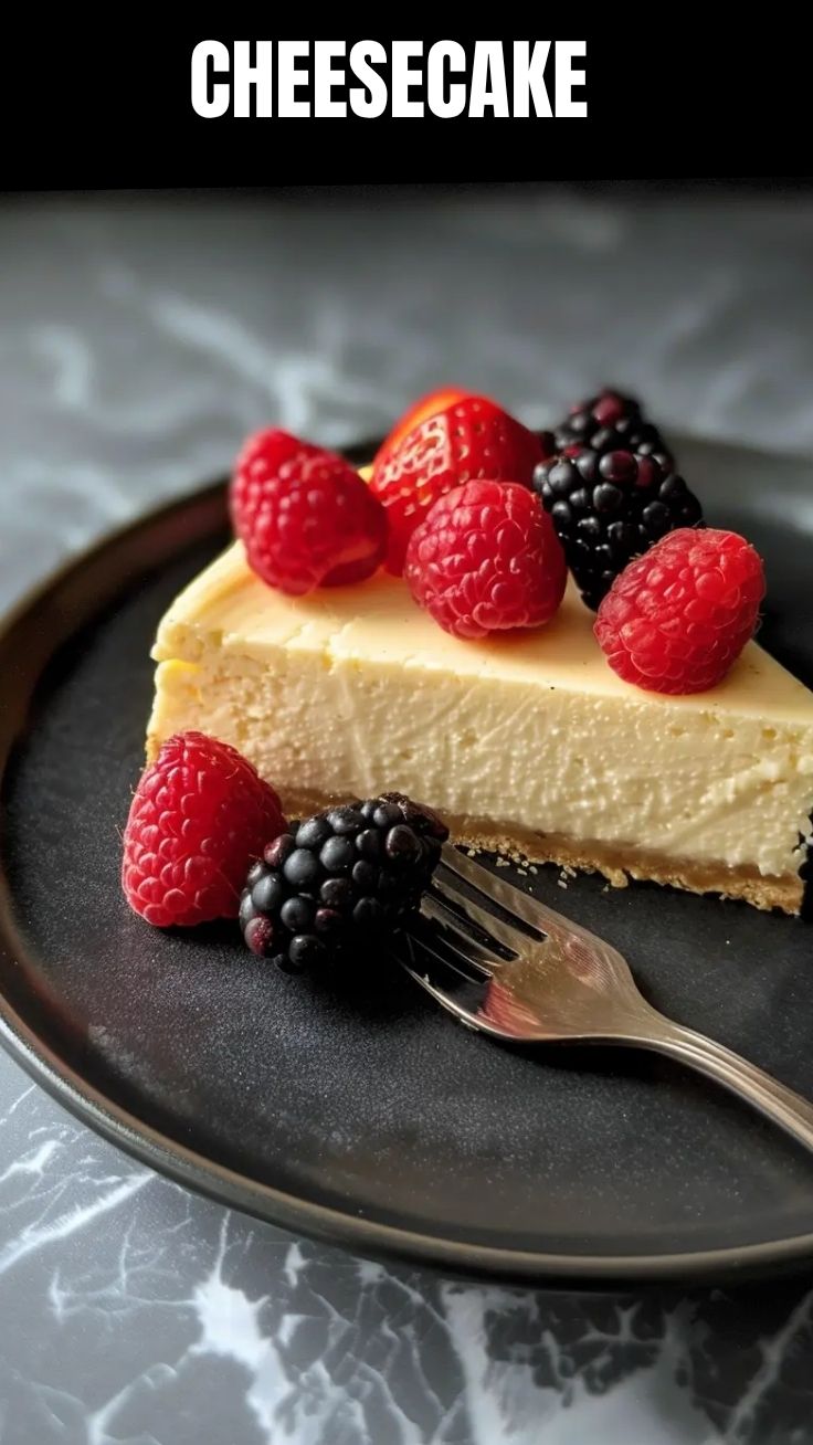 A slice of creamy cheesecake on a white plate
