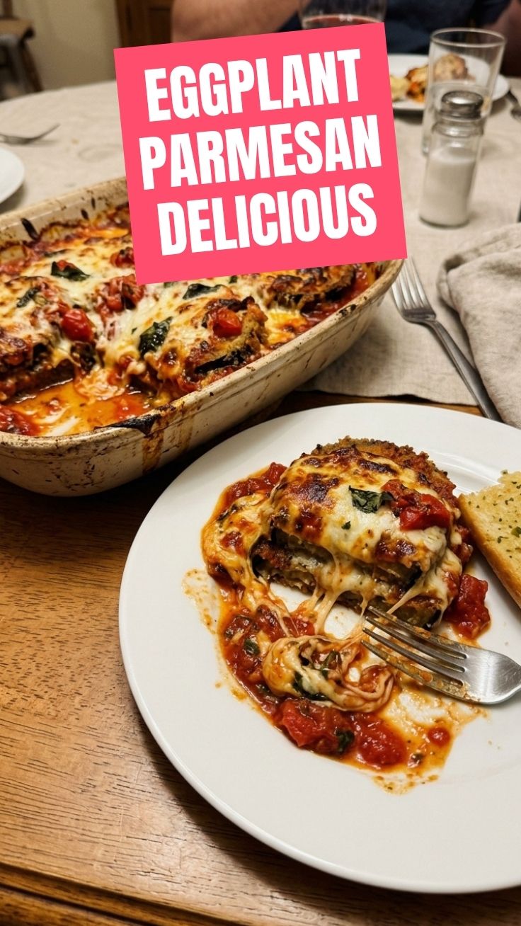 A delicious dish of homemade Eggplant Parmesan, layered with rich tomato sauce and melted cheese.