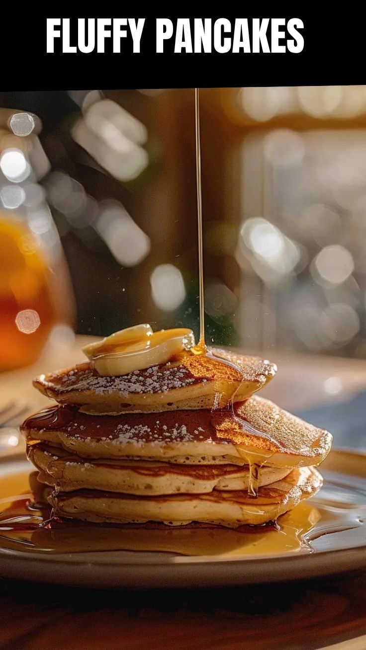 A stack of perfectly golden fluffy pancakes with syrup