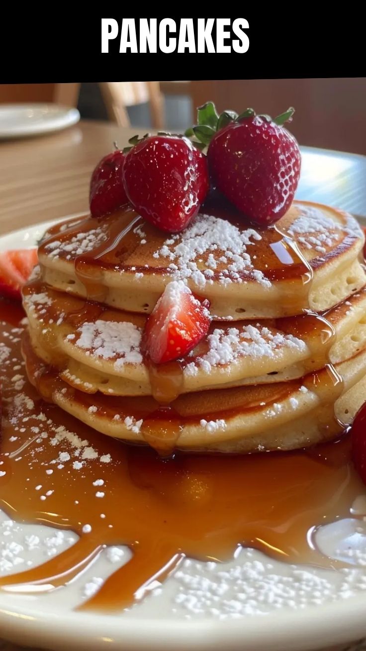 A stack of fluffy golden pancakes drizzled with syrup