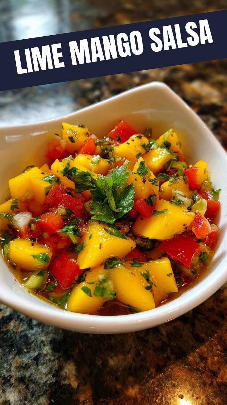 Bowl of fresh mango salsa with diced red onion, cilantro, and lime