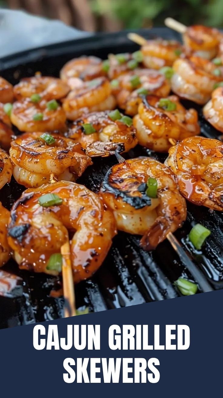 Plump grilled shrimp skewers arranged on a serving platter.