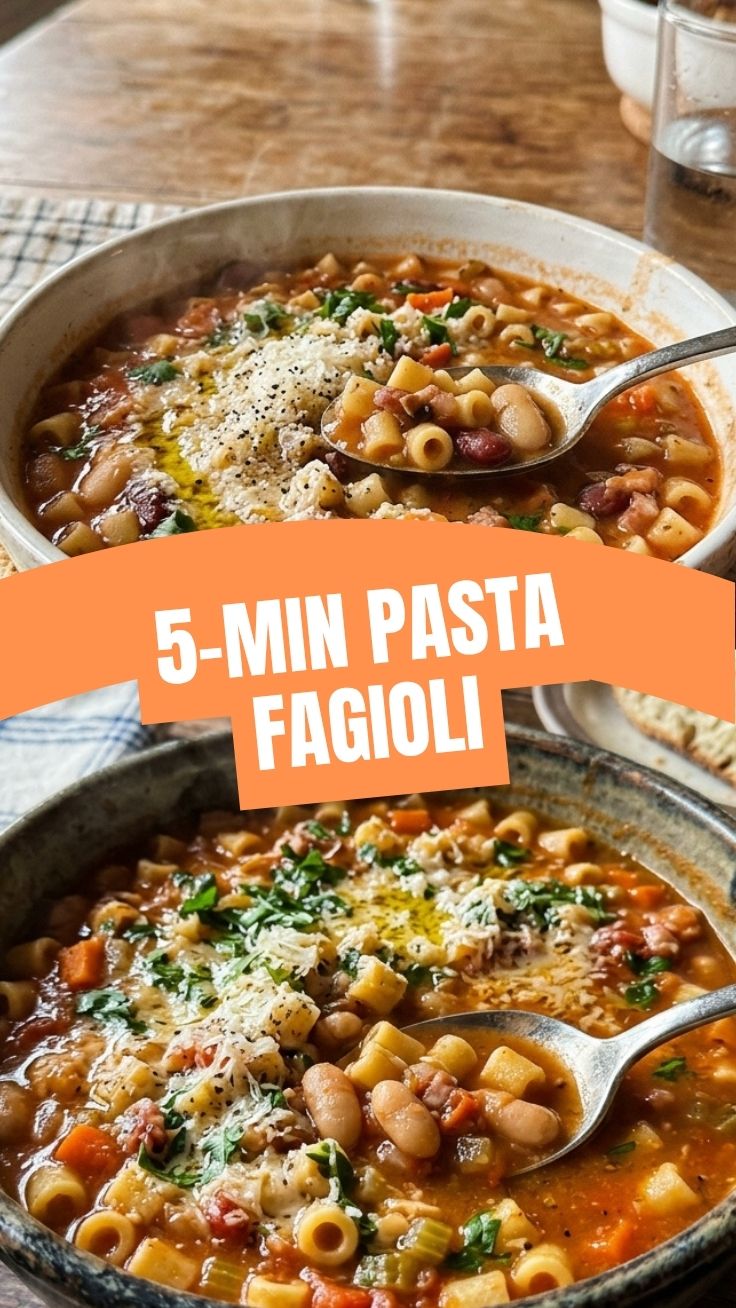 A steaming bowl of hearty pasta fagioli with beans and pasta.