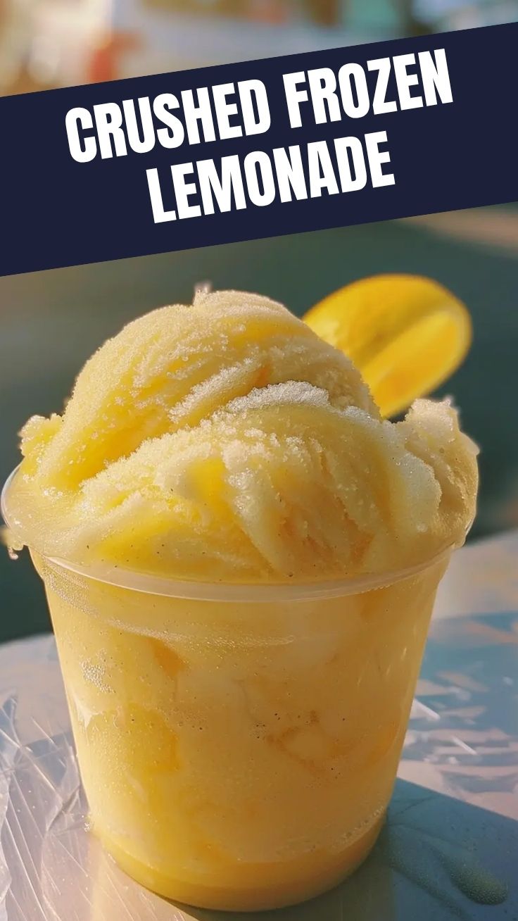 A tall glass of icy frozen lemonade with a lemon slice garnish