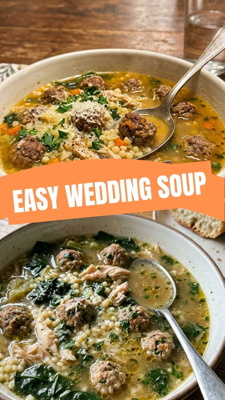 A bowl of savory Italian Wedding Soup, rich with meatballs and greens