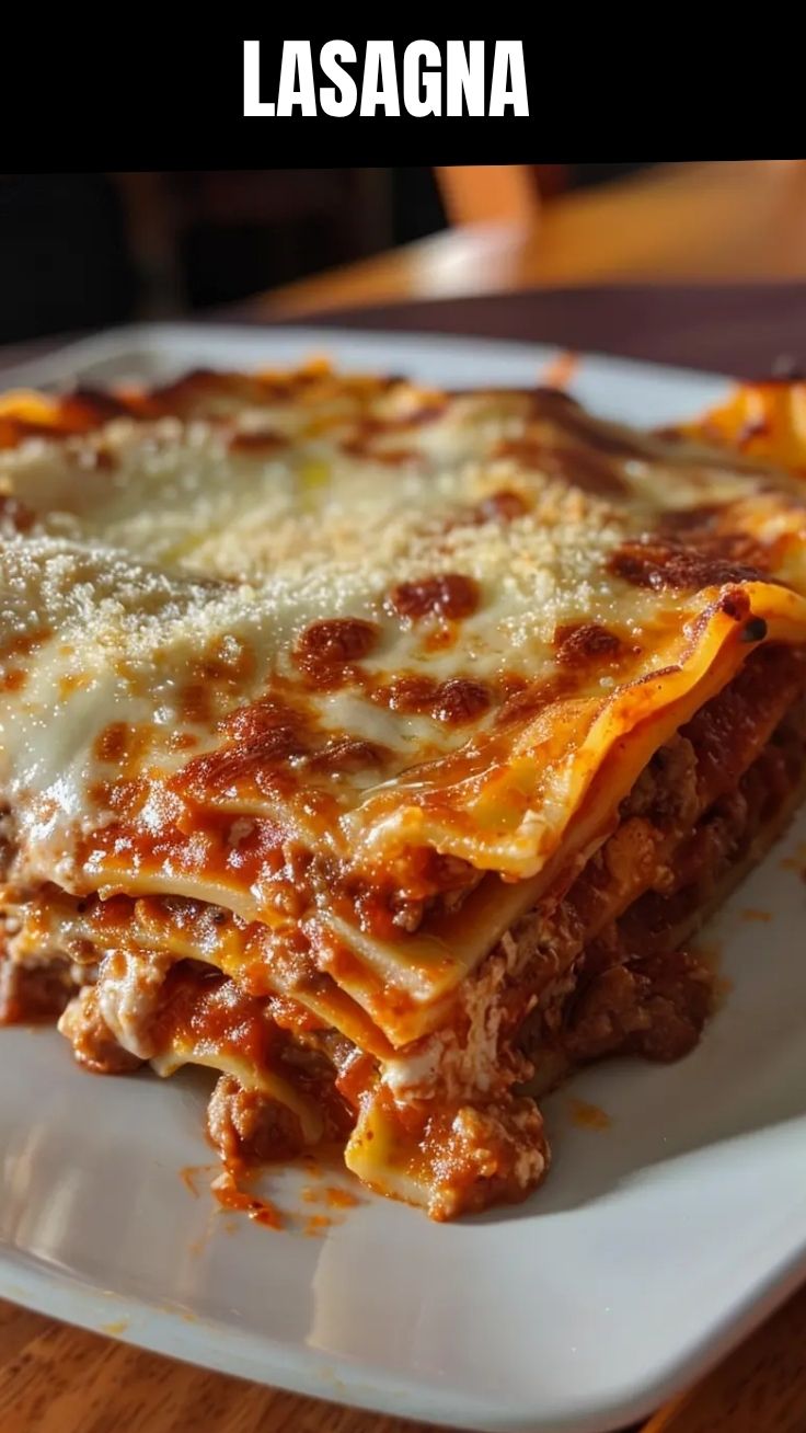 A steaming hot pan of freshly baked lasagna with melted cheese on top.