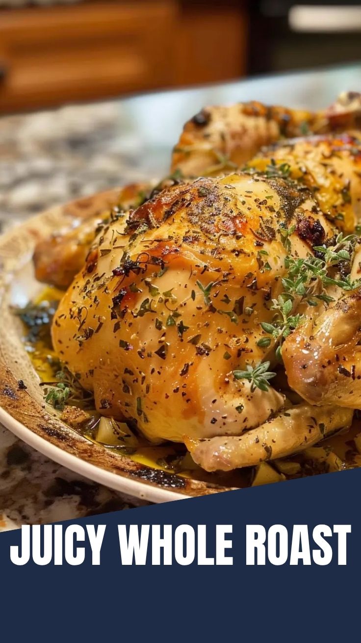 A whole lemon herb roasted chicken with golden-brown skin, garnished with fresh herbs.