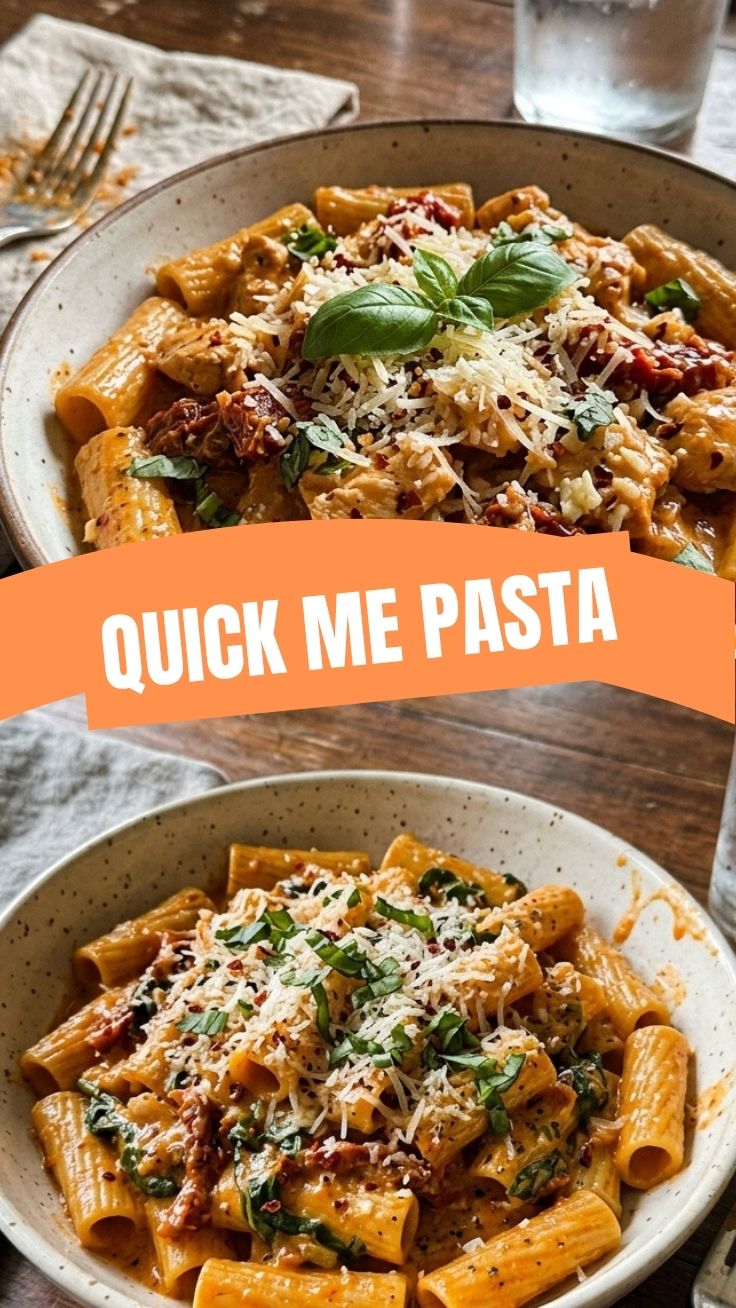 A serving of Marry Me Pasta with creamy sun-dried tomato sauce garnished with fresh basil.