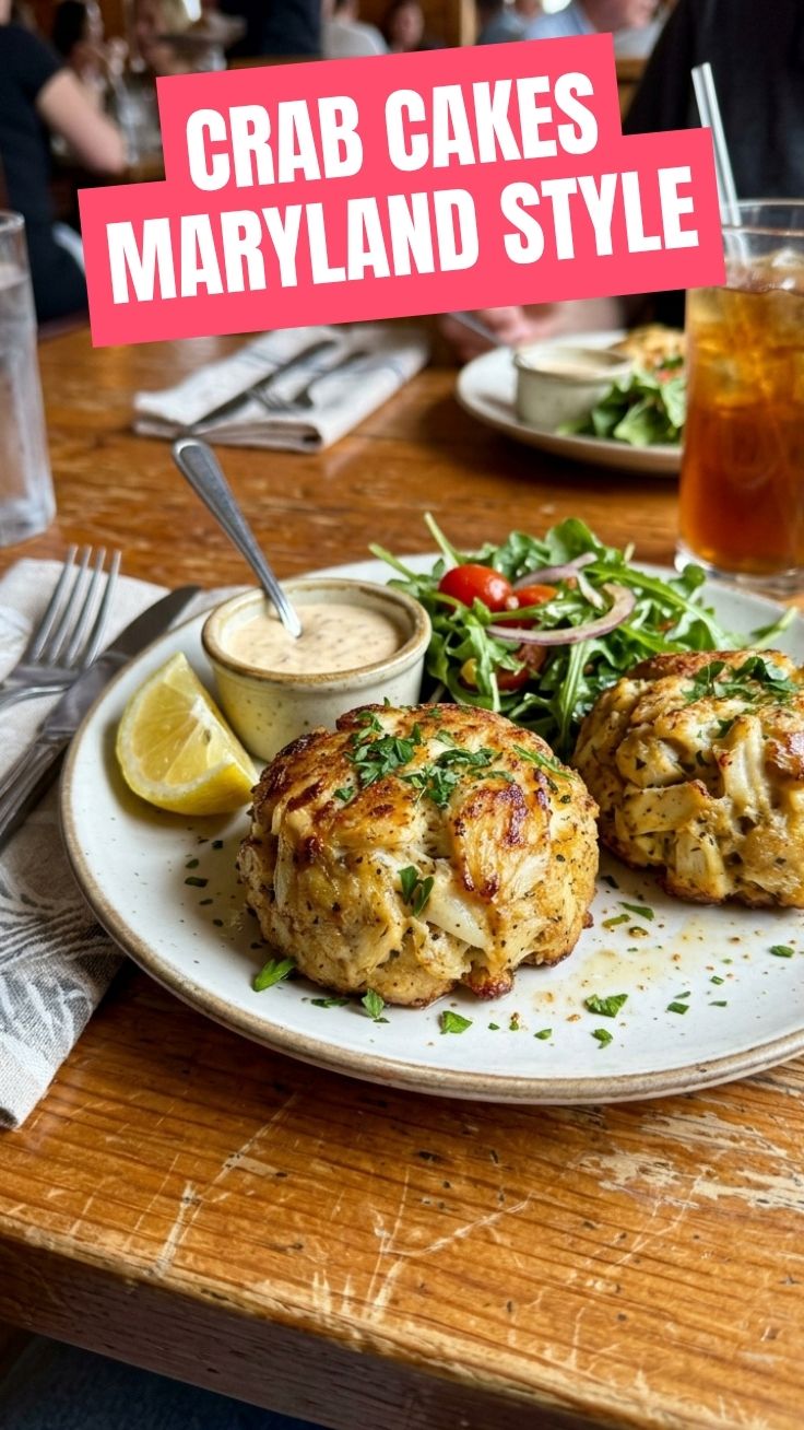 Platter of golden brown Maryland style crab cakes, perfectly seared.