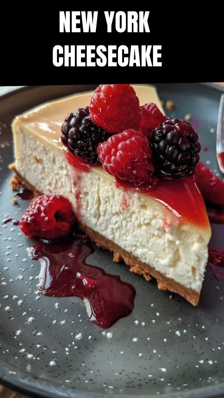 A whole New York cheesecake with a golden-brown crust and smooth, creamy top.