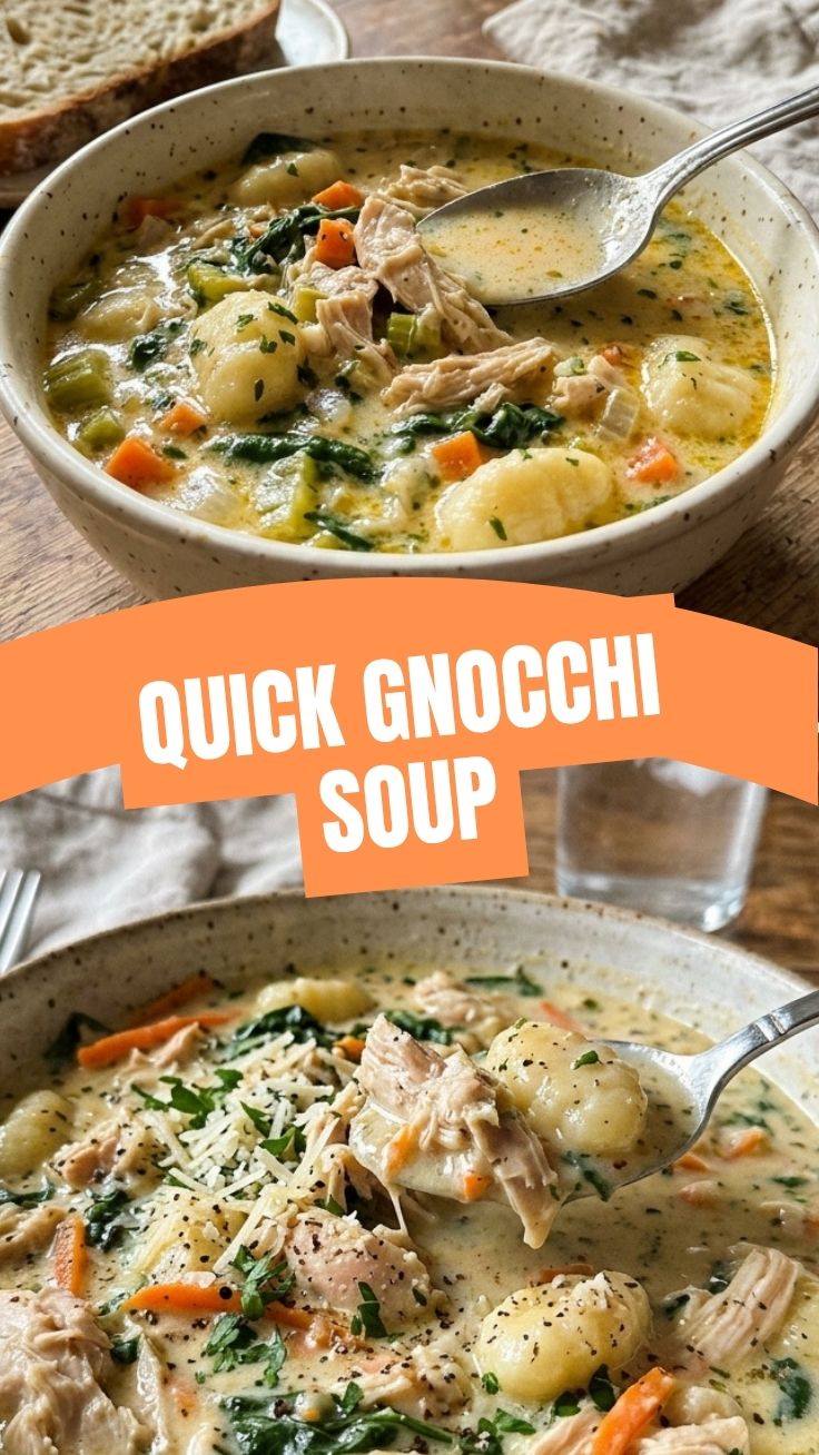 A steaming bowl of Olive Garden style chicken gnocchi soup with a creamy broth, shredded chicken, and soft gnocchi.