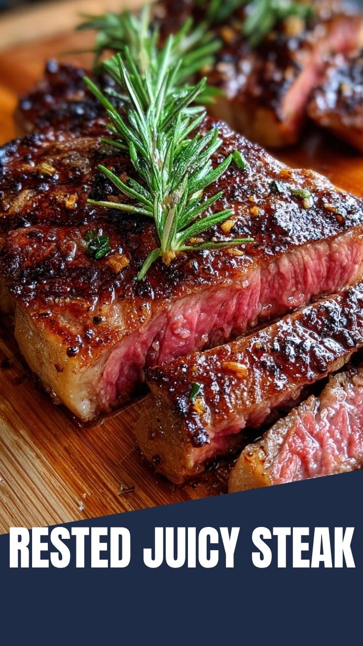 A perfectly cooked pan-seared ribeye steak resting on a cutting board
