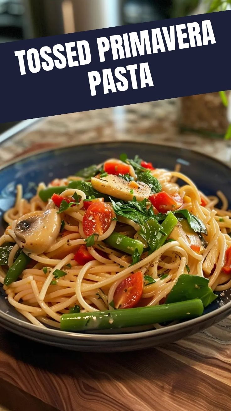 A colorful bowl of fresh Pasta Primavera with assorted vegetables