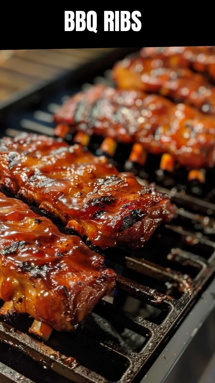 A platter of perfectly grilled BBQ ribs with a glistening sauce.