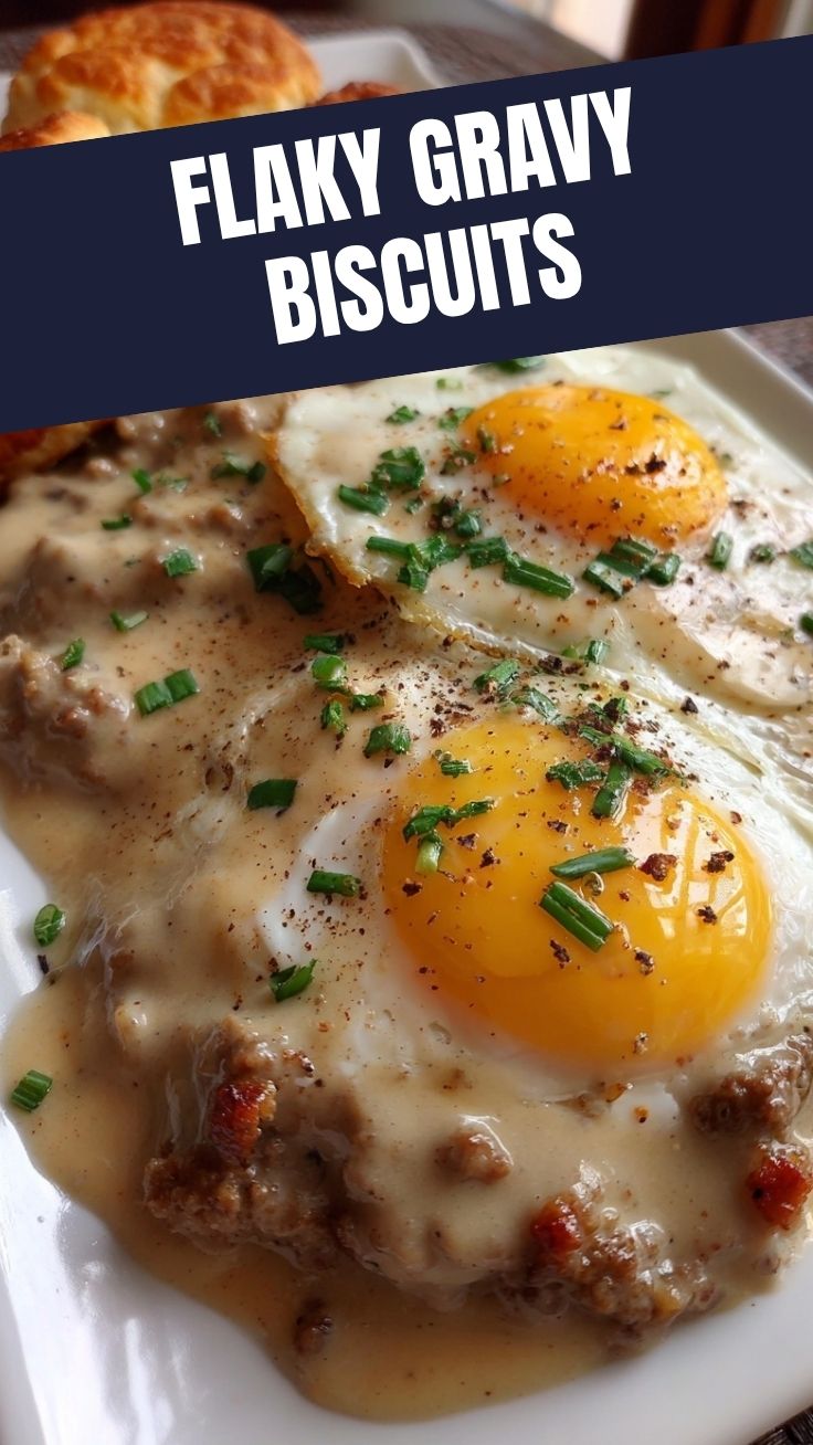A plate of warm biscuits and gravy, generously covered with sausage gravy