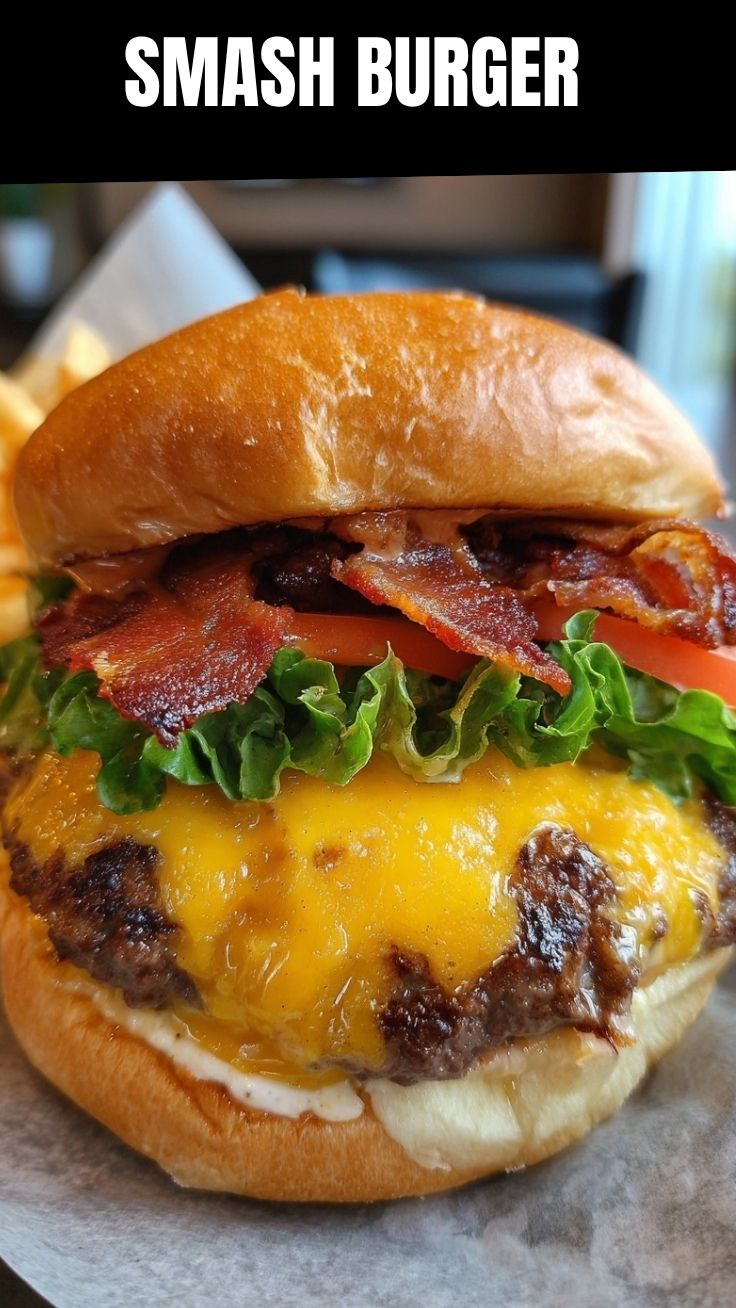 A perfectly cooked smash burger with melted cheese and fresh toppings.