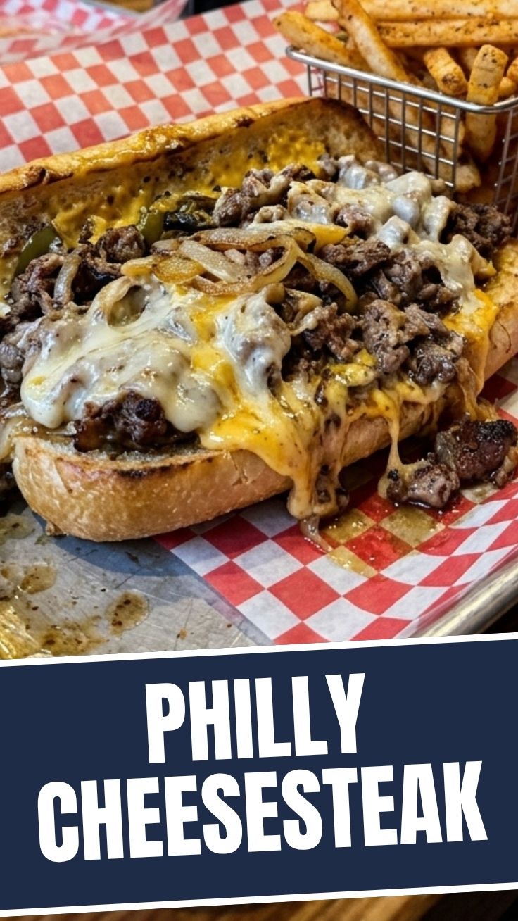 A delicious Philly Cheesesteak sandwich with melted cheese and thinly sliced steak