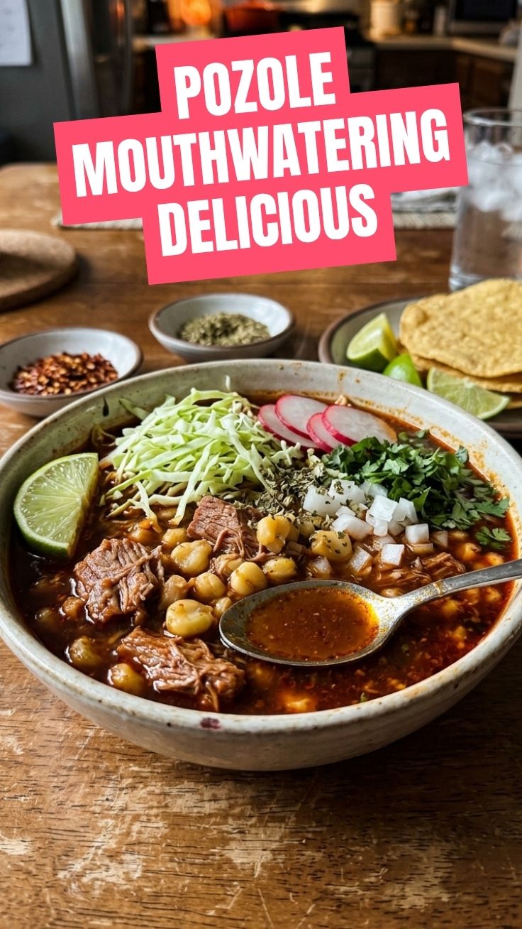 A full bowl of warm pozole with garnishes on a table