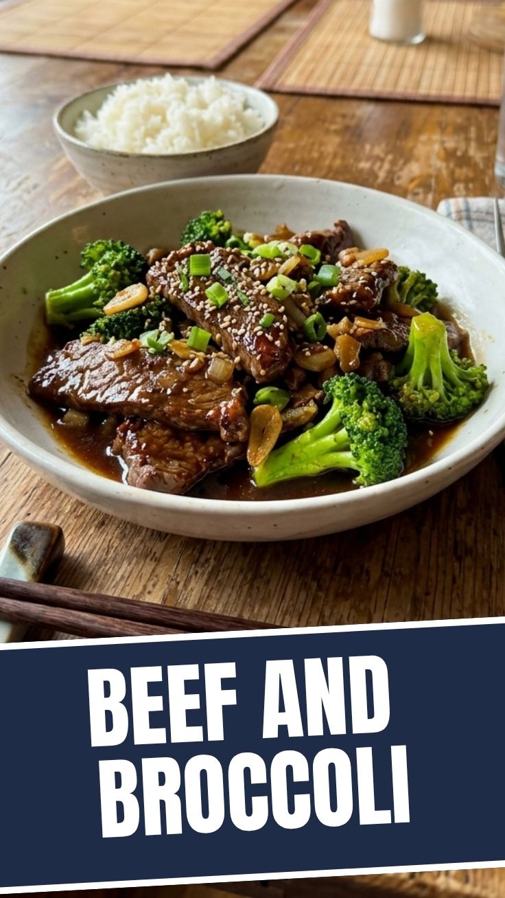 A close-up of a serving of beef and broccoli stir-fry with a rich sauce.
