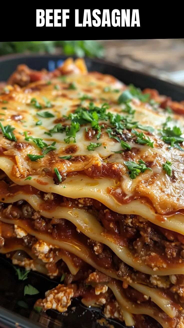 A freshly baked beef lasagna with melted cheese on top