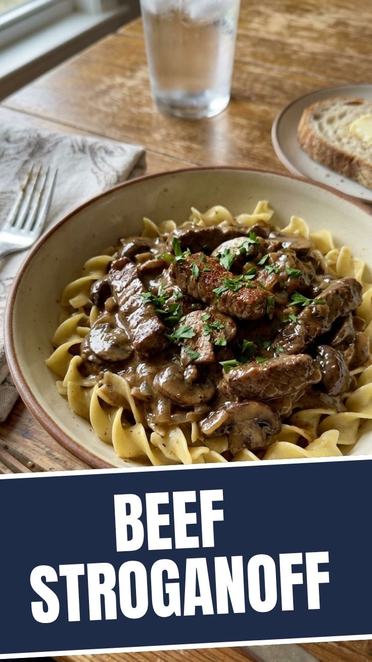 A bowl of savory Beef Stroganoff with tender beef and creamy sauce.