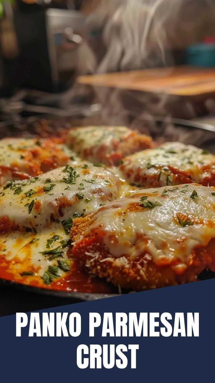 A plate of savory chicken parmesan topped with melted cheese and marinara sauce.