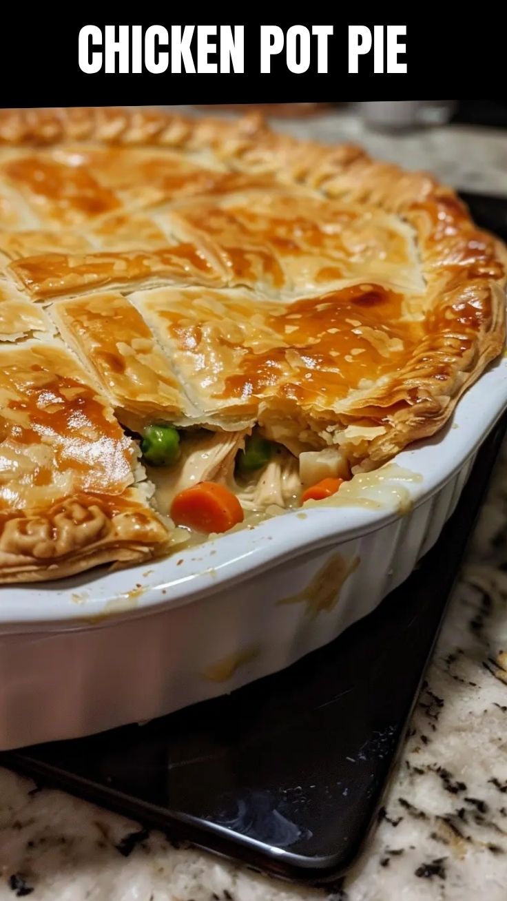 A golden-crusted chicken pot pie fresh from the oven, served in a ceramic dish.
