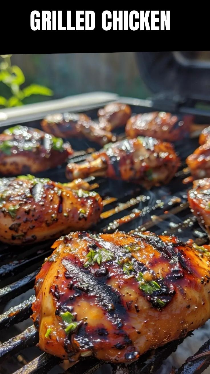 A perfectly cooked grilled chicken, showing char marks from the grill.