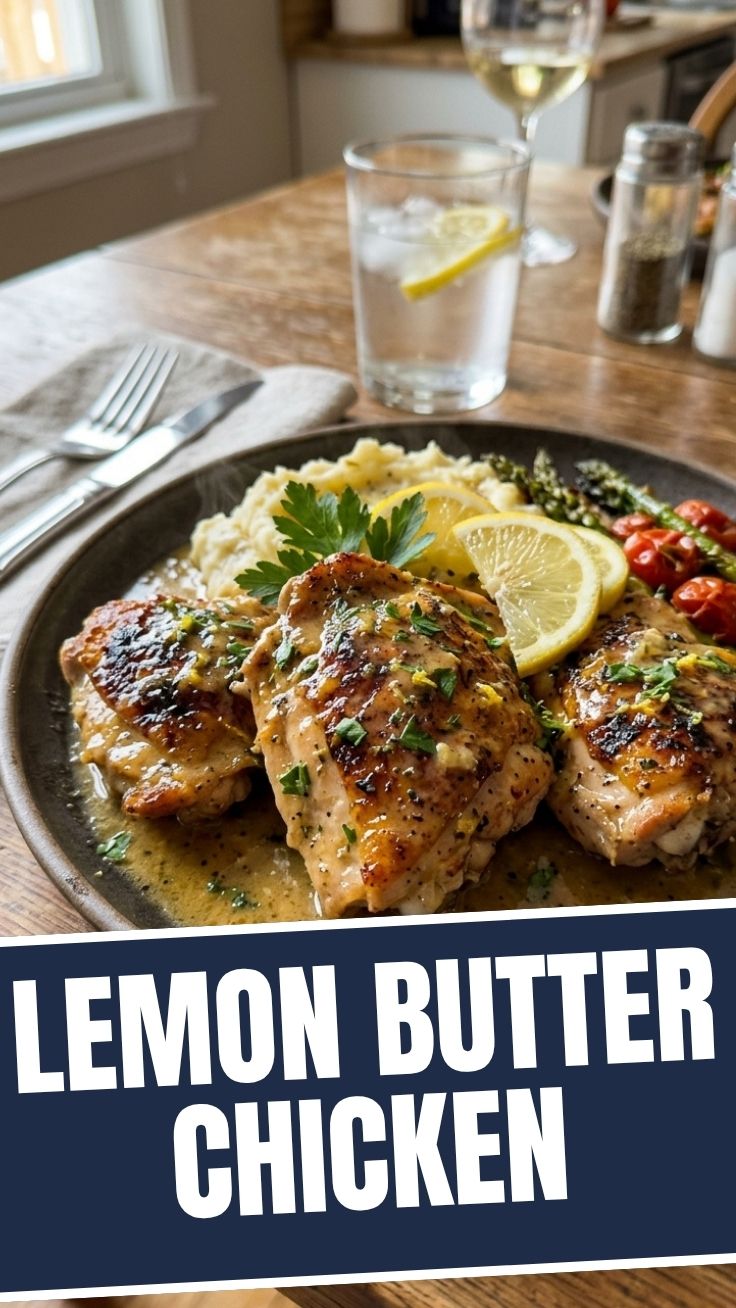 A serving of Lemon Butter Chicken with a rich, golden sauce.