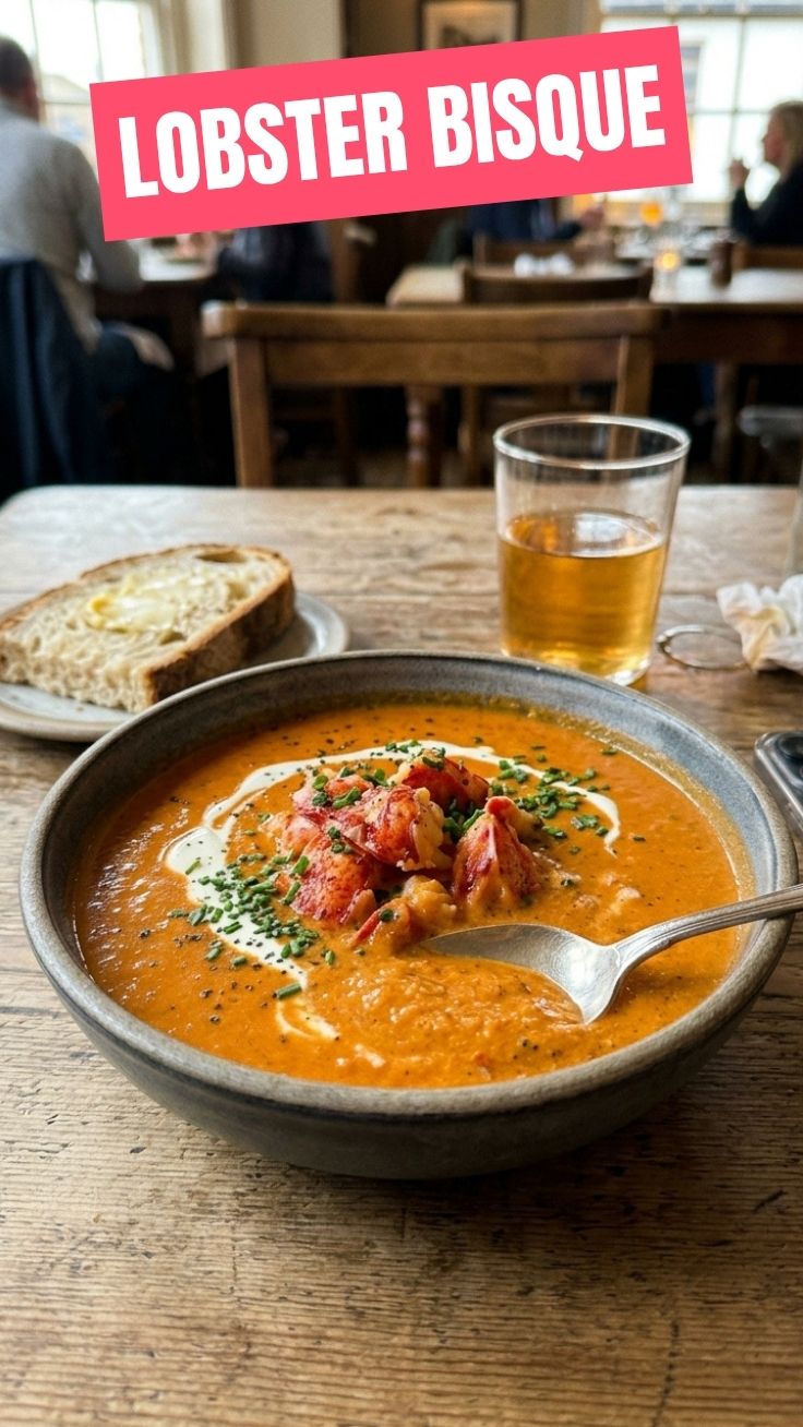 A bowl of savory lobster bisque, artfully presented